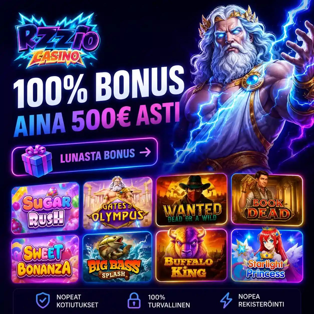 Rizzio Casinon pelivalikoima ja 100 prosentin bonus